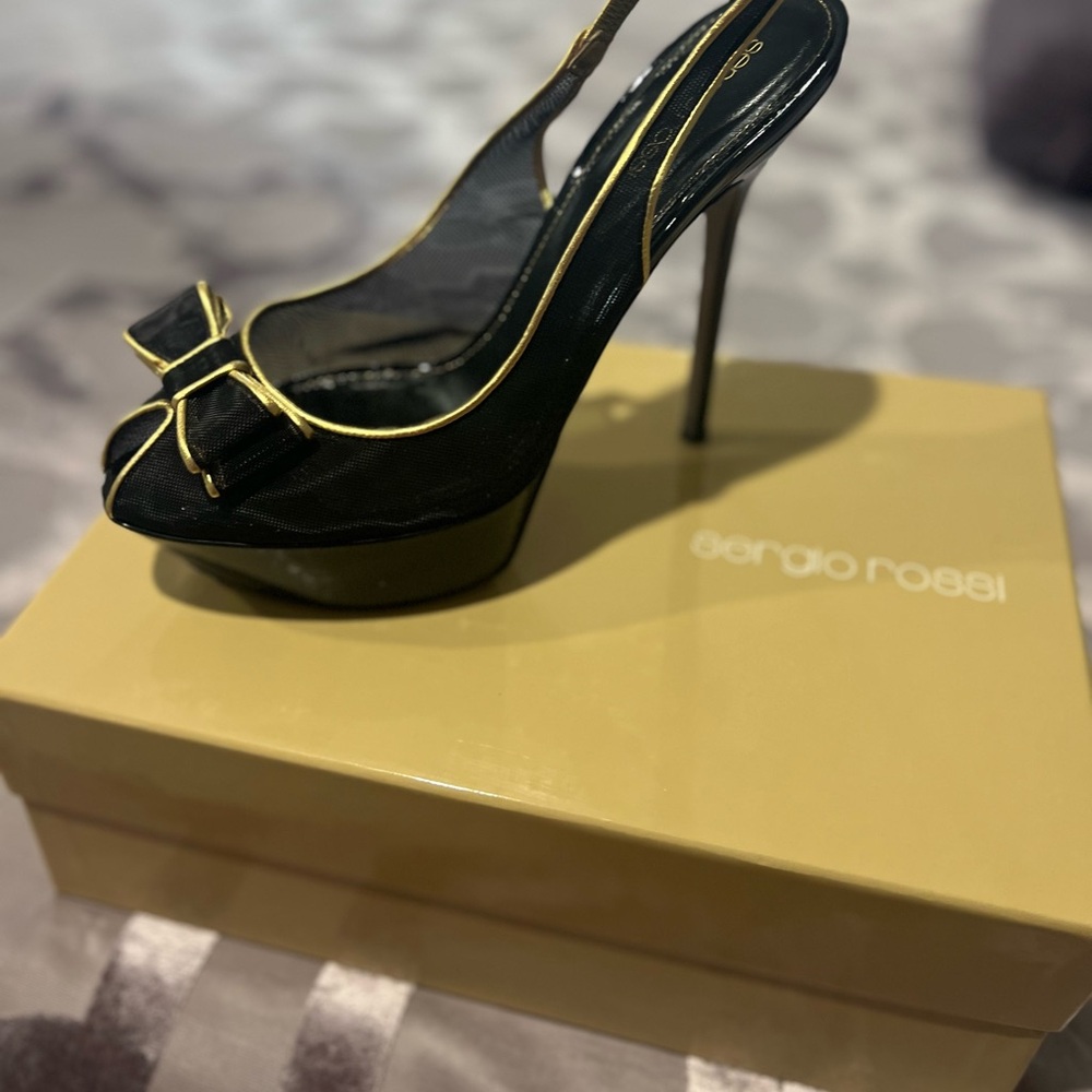 Sergio Rossi Black Slingback Sandals with Gold Trim, size 40 (US 10).